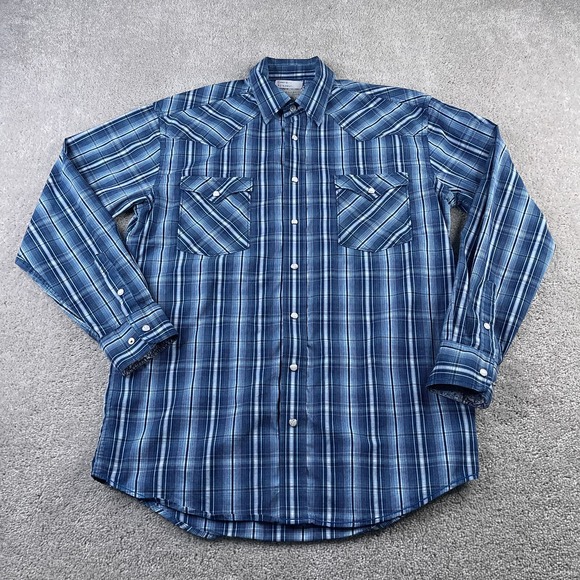 Panhandle Shirt Mens Medium Blue Plaid Western Pearl Snap Cowboy Rough Stock - Picture 2 of 12